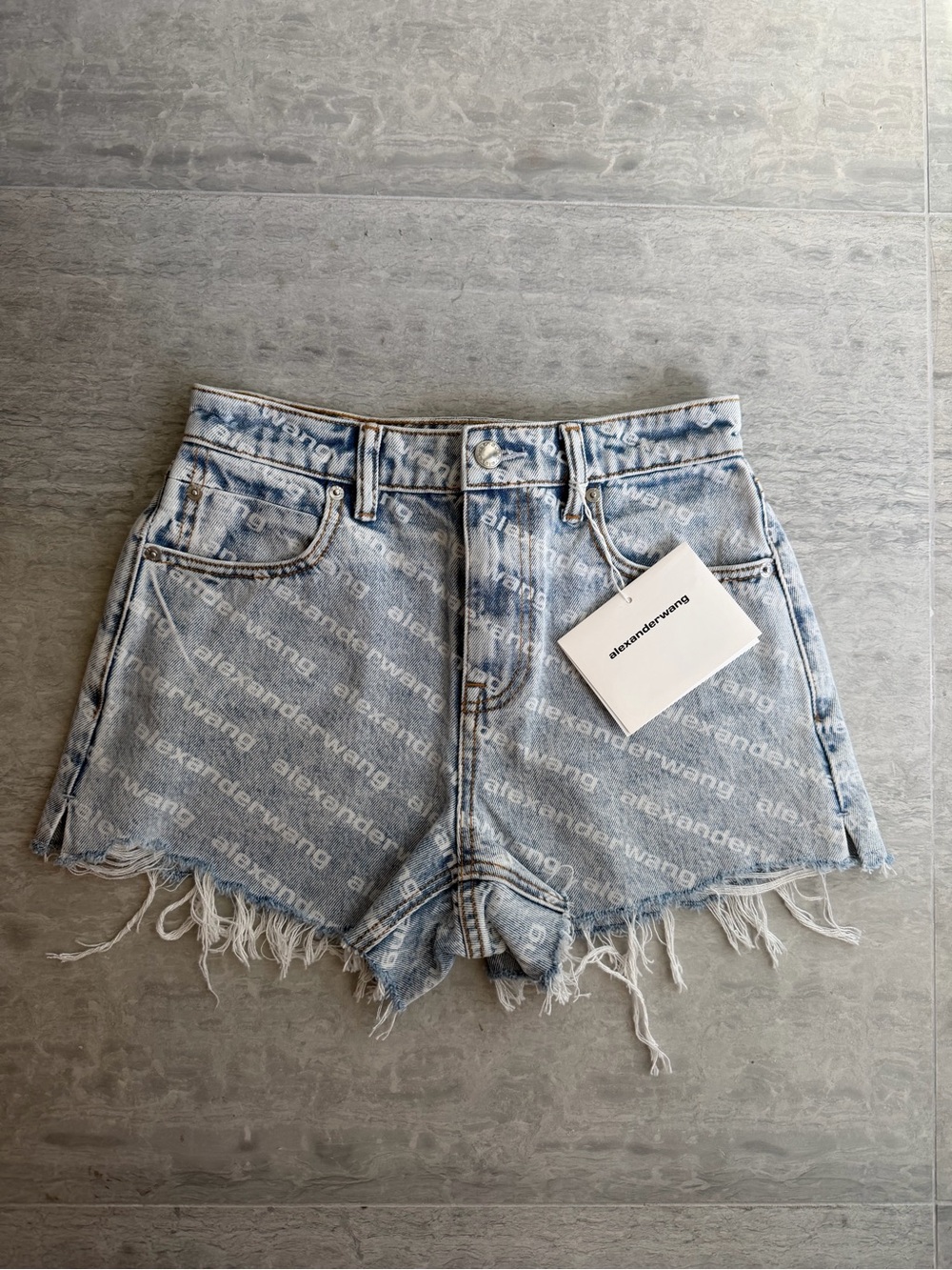 Alexander Wang Light Blue All-Over Logo Distressed Denim Shorts